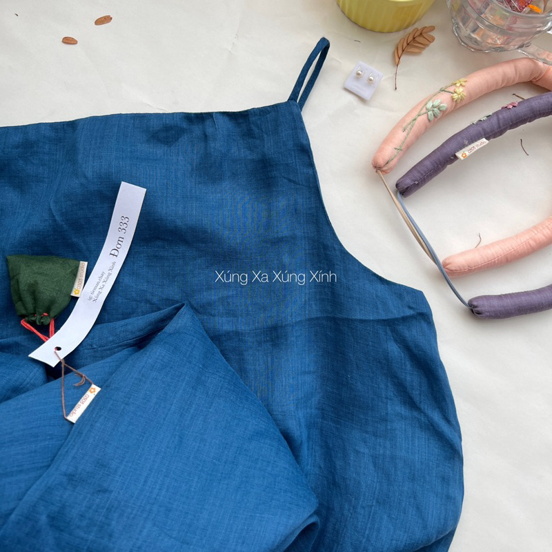 | 0303 studio | Đầm 2 dây đính dây eo- linen tơ 2 lớp - dòng Lam Khuê