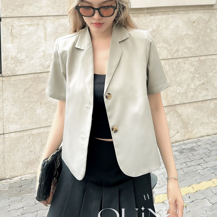 Áo Blazer Nữ, Croptop Tay Lửng, áo khoác ngắn  Phong Cách Hàn Quốc QUIN House