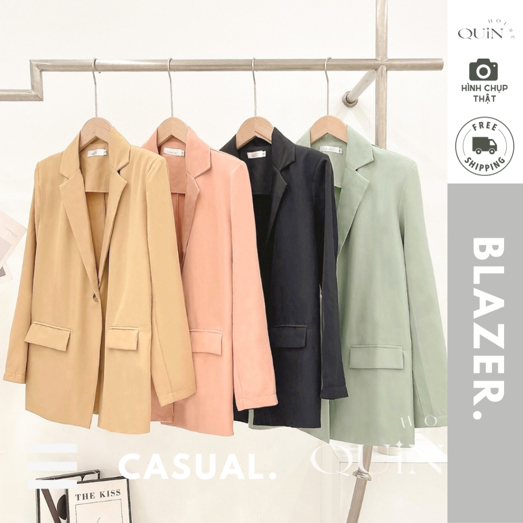 Áo Blazer Nữ Tay Dài, Áo khoác Giả vest dáng dài, Form rộng, suông trơn, 2 Nút Có Túi. Phong Cách Hàn Quốc QUIN House