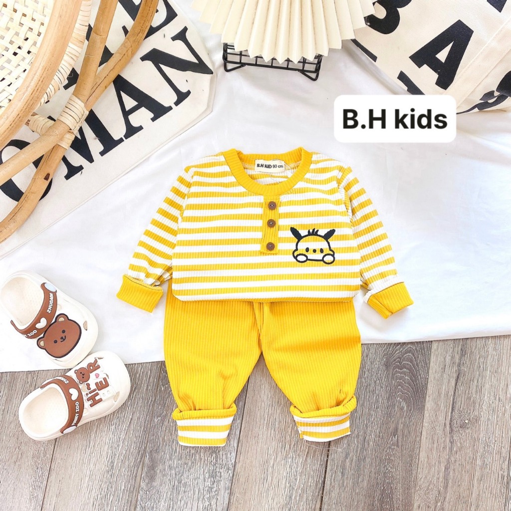 Bộ Quần Áo Thu Đông Dài Tay, Mặc Điều Hòa, vải thun gân sợi dệt, đanh mịn, co giãn cho bé trai, bé gái BD010