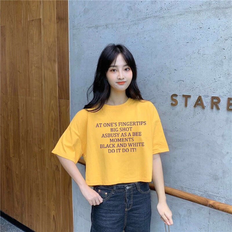 Áo Croptop Thun Cotton 100% Form Rộng Tay Ngắn Cổ Tròn Hình In Chữ 0023