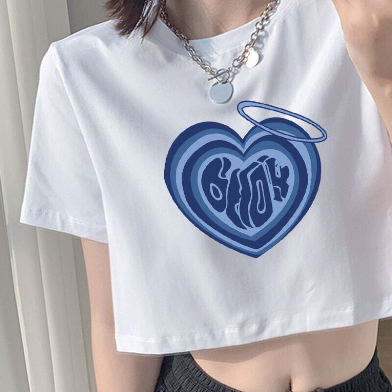 Áo Croptop Thun Cotton 100%  Form Rộng Tay Ngắn Cổ Tròn Hình In TRÁI TIM 0025