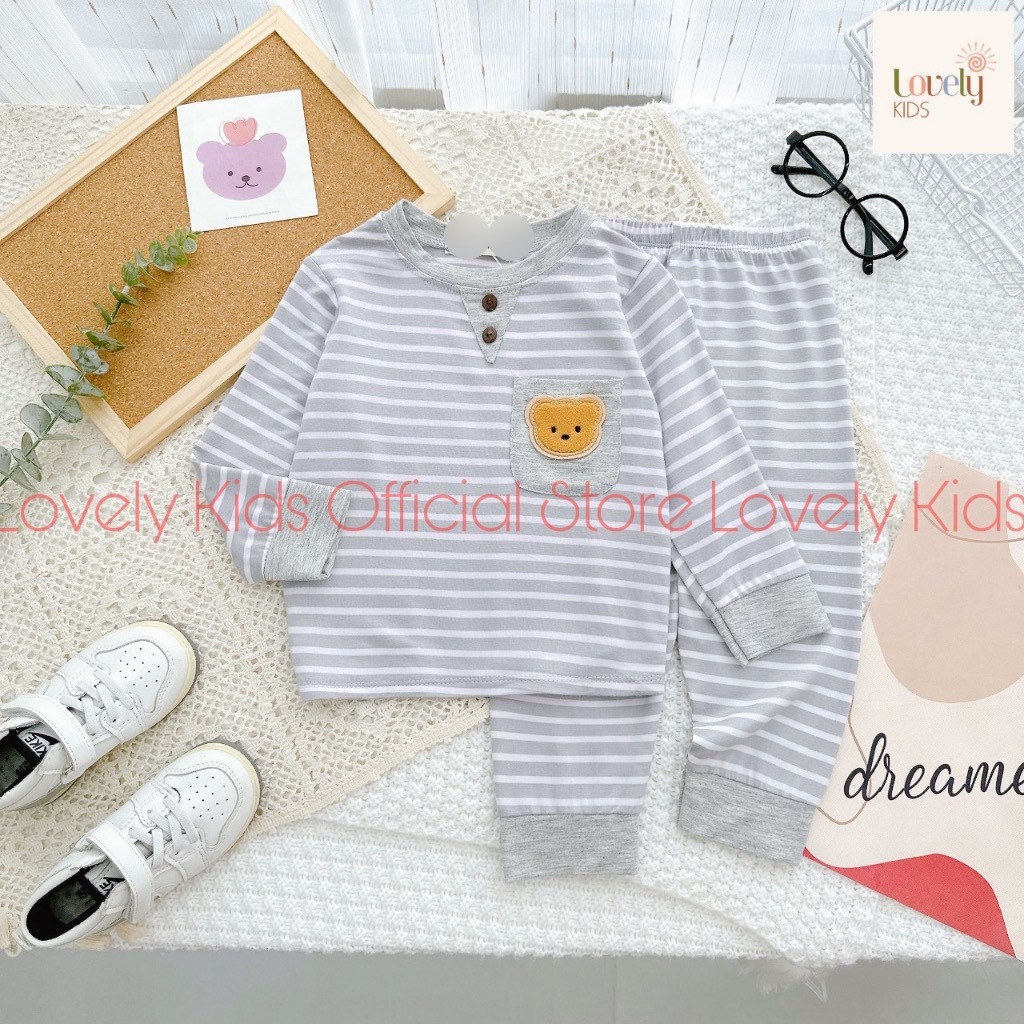 Bộ quần áo thu đông dài tay, mặc điều hòa, vải thun lạnh mềm, co giãn, phối kẻ sọc cho bé trai, bé gái BD83