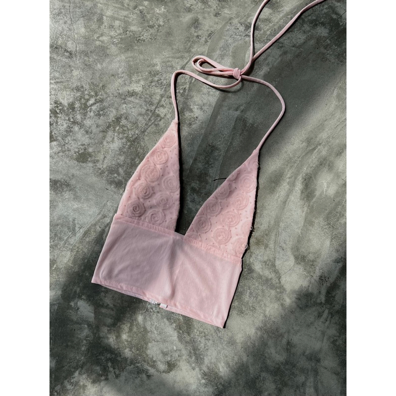 ROSÉ TOP - Áo yếm hai dây hồng phối ren hoa