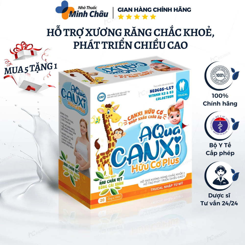 AQua Canxi hữu cơ plus - Bổ sung Canxi, Vitamin D, hỗ trợ xương, răng chắc khoẻ, phát triểu chiều cao cho bé- Hộp 20 ống