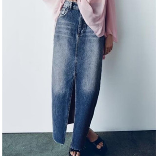 Zara full tag made Morocco Chân Váy denim Lưng Cao Xẻ giữa tiện lợi
