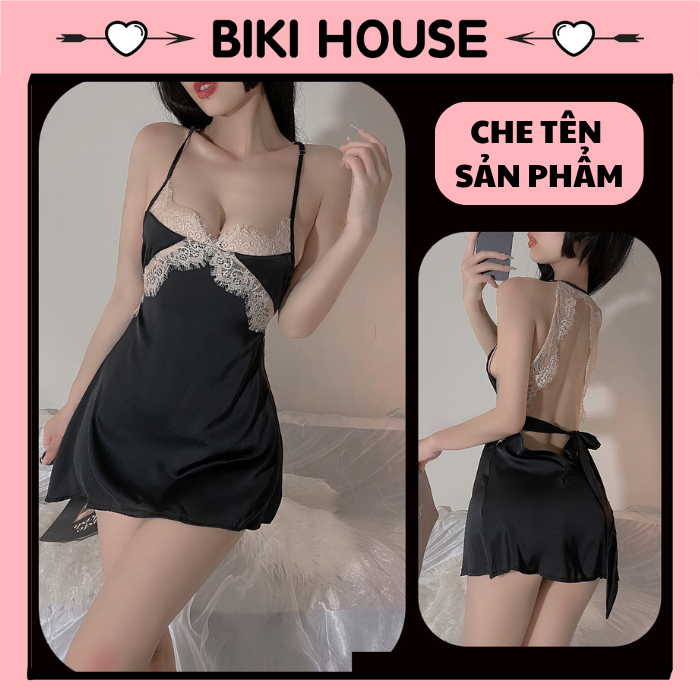 Váy ngủ lụa phối ren ngực gợi cảm bonita đầm hot girl mặc nhà cột dây lưng sexy tặng chip quyến rũ BIKI HOUSE N186 - HCM