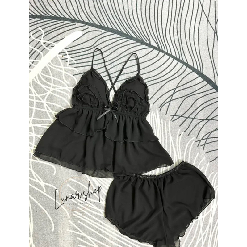 Đồ ngủ nữ vải voan đẹp, xuyên thấu gợi cảm, có mút và dây chéo lưng dưới 55kg