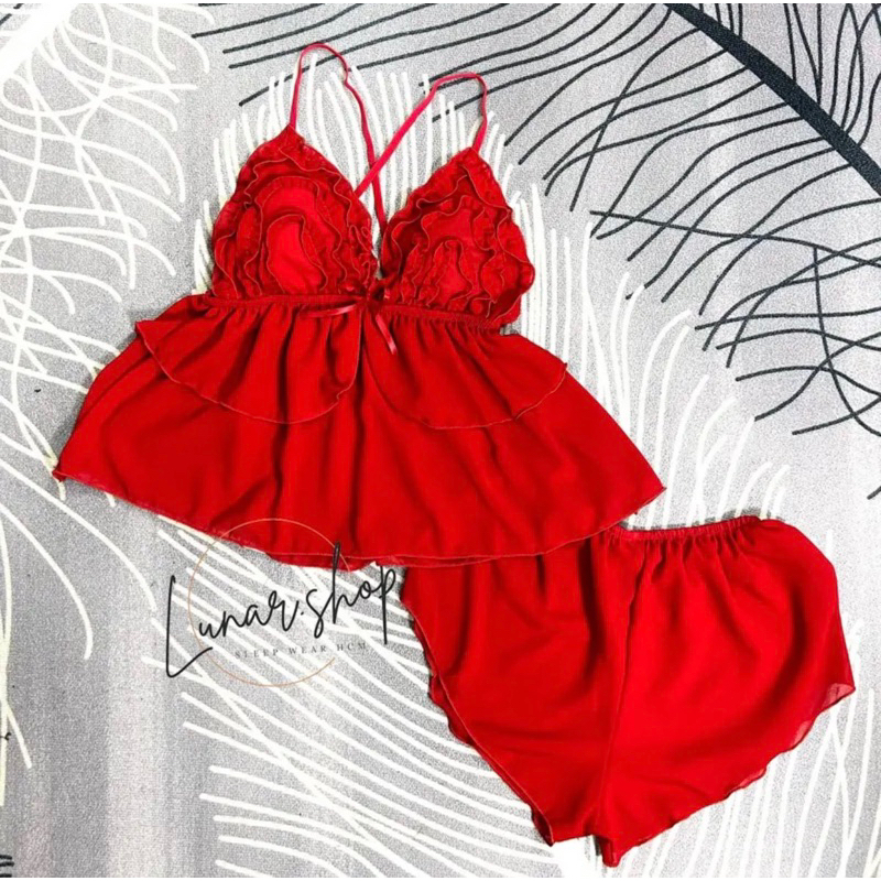 Đồ ngủ nữ vải voan đẹp, xuyên thấu gợi cảm, có mút và dây chéo lưng dưới 55kg