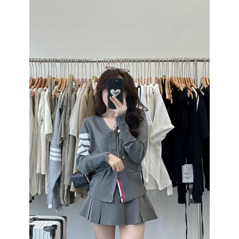 Áo Khoác Cardigan Len Thom Họa Tiết 4 Sọc Cao Cấp