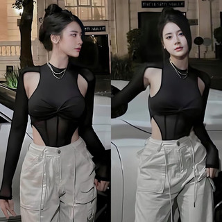 Ao khoét vai Bodysuit dài tay phối lưới QC l1