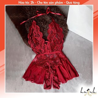 Đồ ngủ bodysuit ren phối voan hông hở đũng sexy gợi cảm - b33