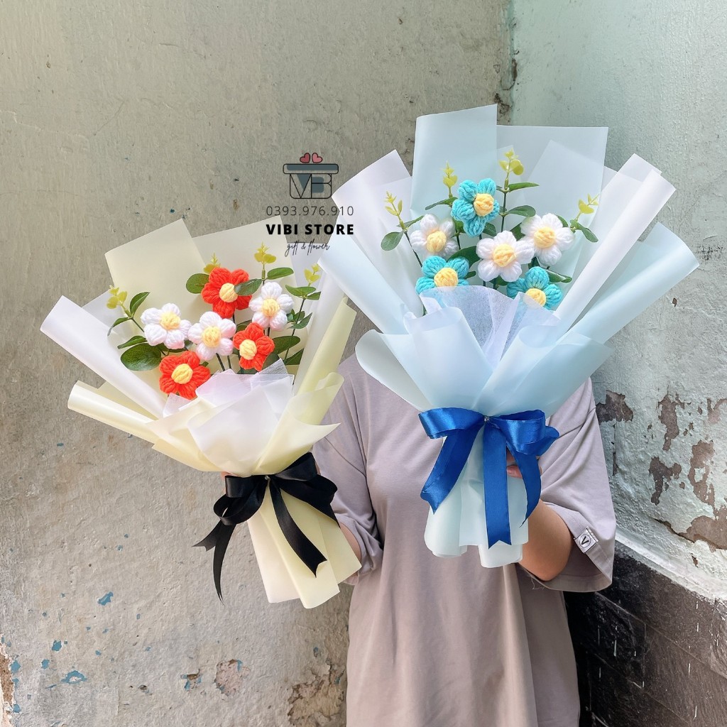 Bó hoa 5 cánh bằng len tặng bạn bè  cực đáng yêu kèm đèn dễ thương