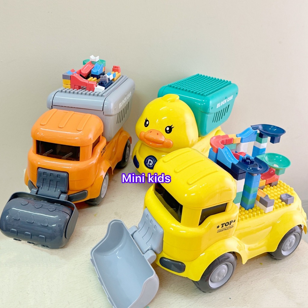 Đồ Chơi xe ô tô Khủng Long chở lego 124 chi tiết, xe Vịt Vàng, xe Lu, Xe Xúc nhiều mẫu mã, có hộp cất gọn và tháo rời