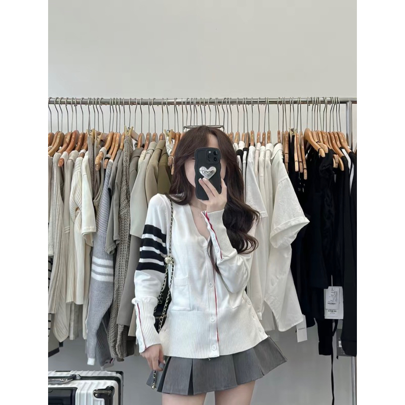 Áo Khoác Cardigan Len Thom Họa Tiết 4 Sọc Cao Cấp
