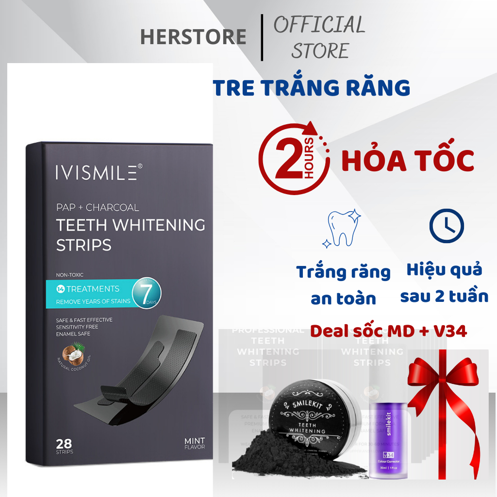 Miếng dán trắng răng IVISMILE than tre, Dán trắng răng an toàn không bào mòn không ê buốt cho răng
