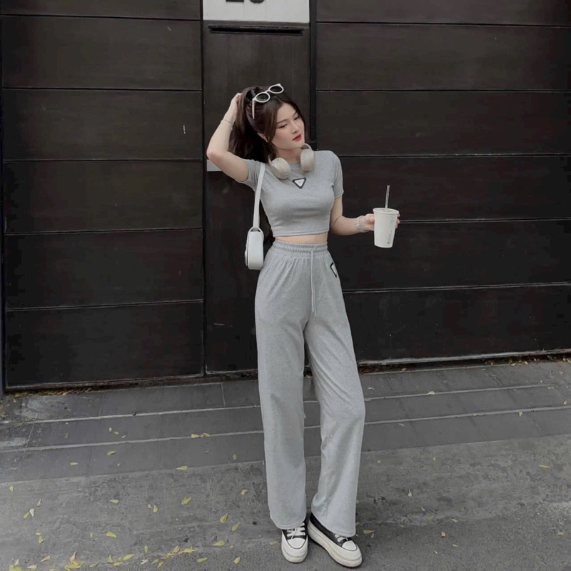 Sét bộ thời trang nữ đi chơi áo croptop phối quần dài siêu hot chất vải cotton.