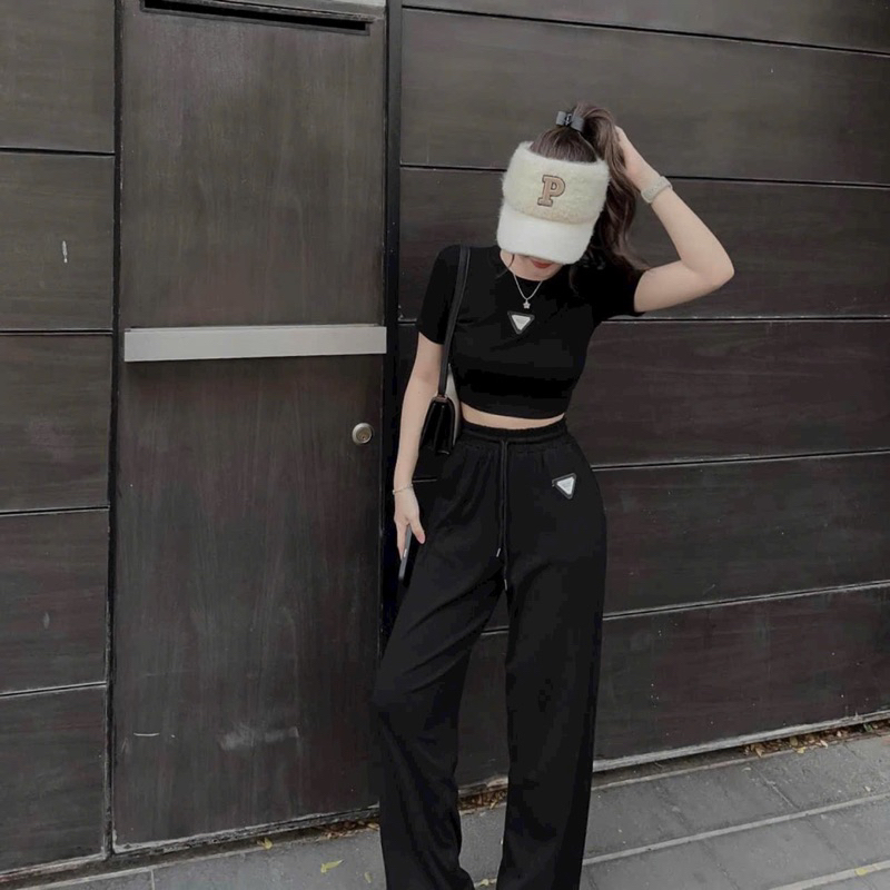 Sét bộ thời trang nữ đi chơi áo croptop phối quần dài siêu hot chất vải cotton.