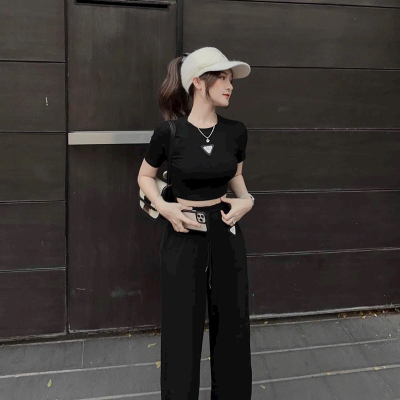 Sét bộ thời trang nữ đi chơi áo croptop phối quần dài siêu hot chất vải cotton.