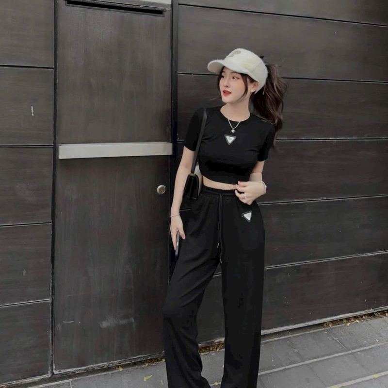 Sét bộ thời trang nữ đi chơi áo croptop phối quần dài siêu hot chất vải cotton.