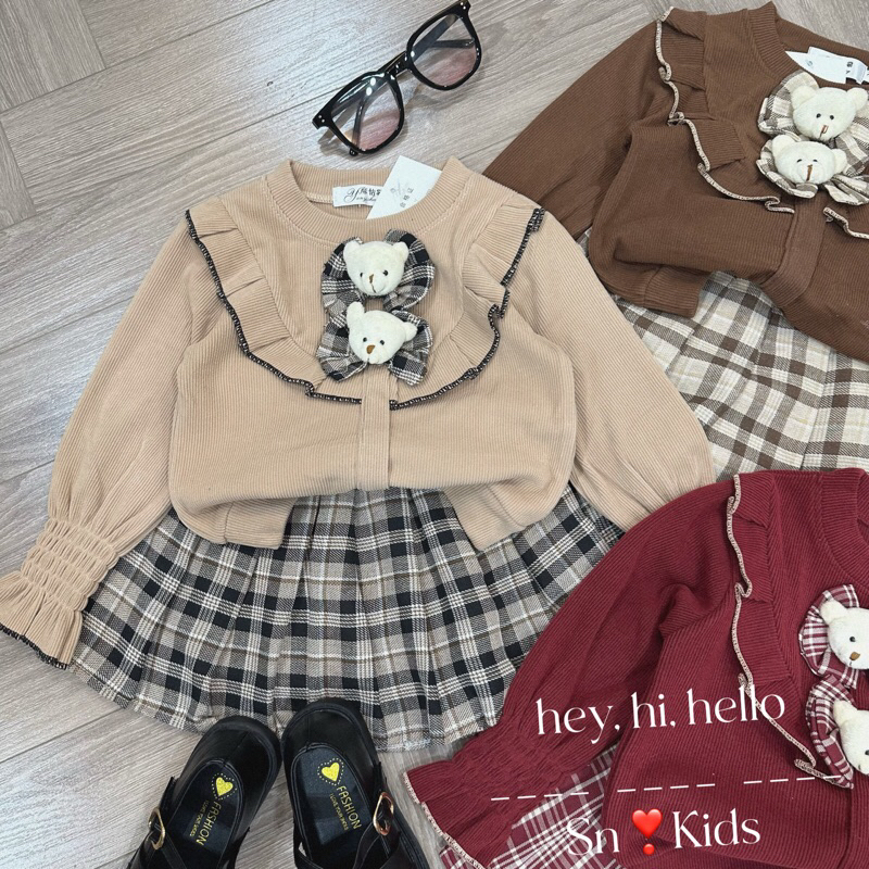SET VÁY LEN NHUNG KÈM GẤU CHO BÉ 🎁 MUa 1 TẶNG 1 🎁 SET ÁO TIỂU THƯ CHẤT LEN NHUNG KÈM CHÂN VÁY KẺ DẬP LI HÀN QUỐC CHO BÉ