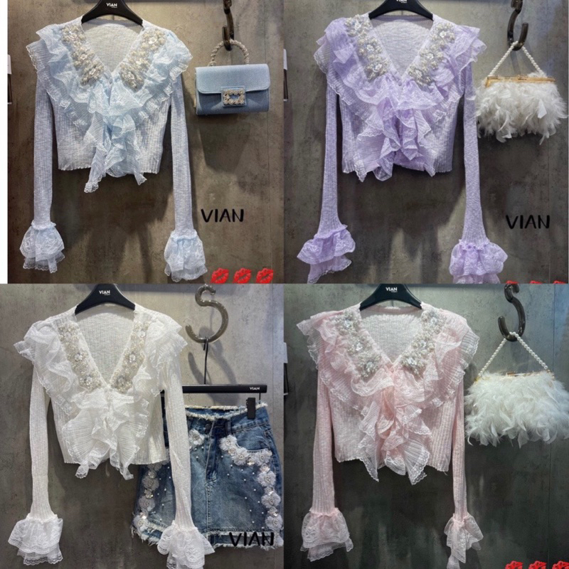 Áo len mỏng đính đá hình bông hoa tay ren xinh xắn