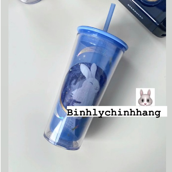 LY COLD CUP 16OZ  PLASTIC RABBIT ON THE MOON LIGHT BLUE