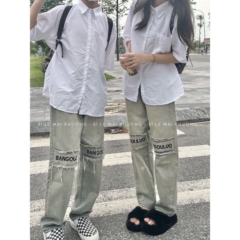 Quần jeans suông ống rộng thêu chữ hot#5022