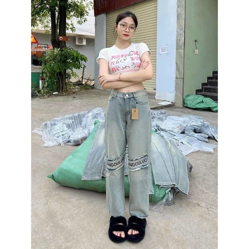 Quần jeans suông ống rộng thêu chữ hot#5022