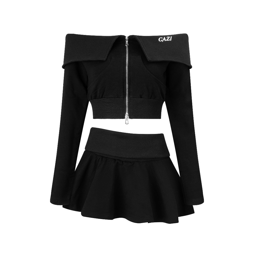 Set nỉ áo khoác bó trễ vai & chân váy ngắn Cazi - Winged Nightshade
