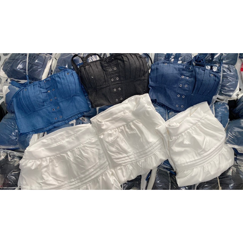 Set Áo Jean 2S Đan Dây Có Mút Croptop Mix Chân Váy Dài PIGGYHOUSE S21