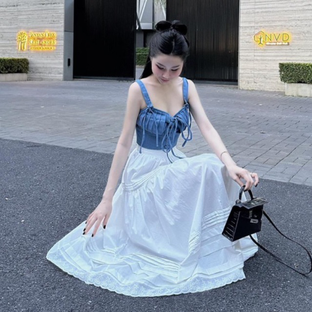 Set Áo Jean 2S Đan Dây Có Mút Croptop Mix Chân Váy Dài PIGGYHOUSE S21