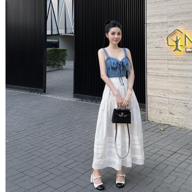 Set Áo Jean 2S Đan Dây Có Mút Croptop Mix Chân Váy Dài PIGGYHOUSE S21
