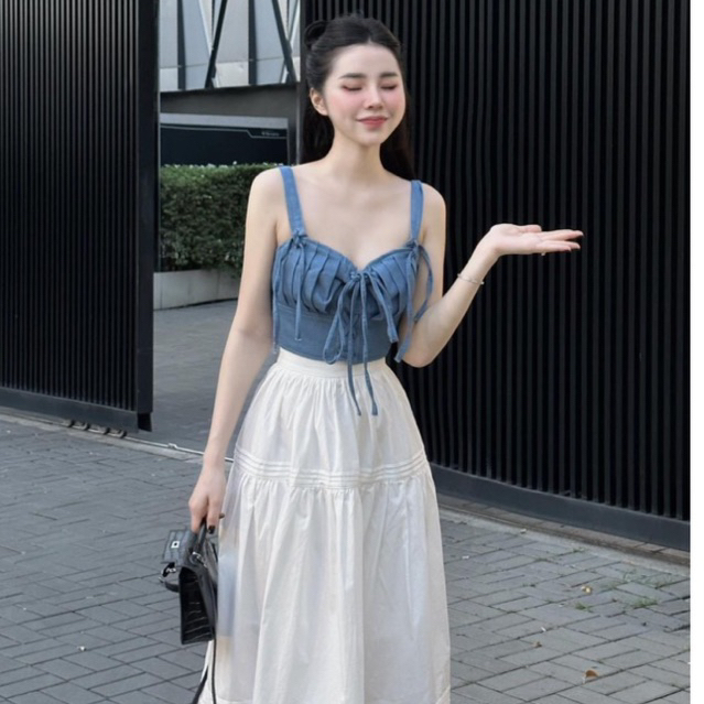 Set Áo Jean 2S Đan Dây Có Mút Croptop Mix Chân Váy Dài PIGGYHOUSE S21