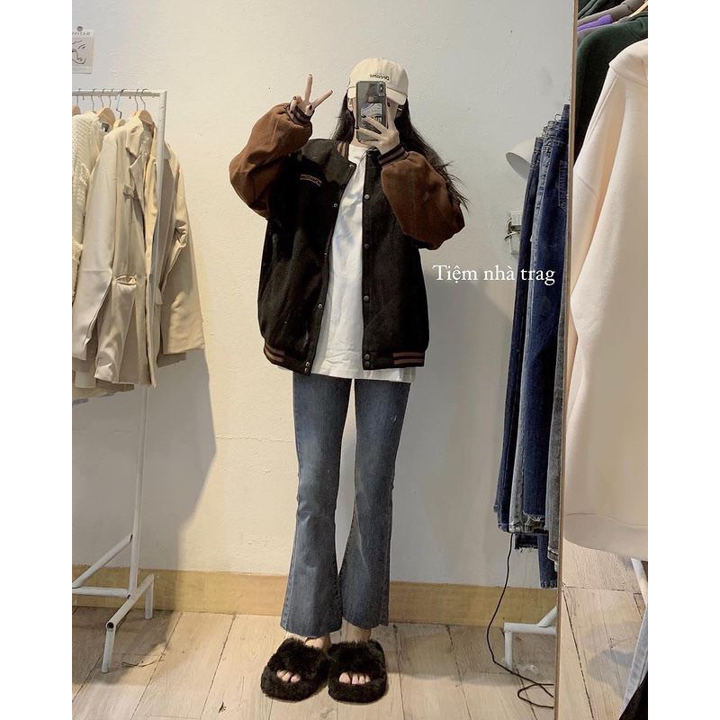 Sale Sốc Áo khoác bomber dạ phối màu tone nâu hàng QCCC dày đẹp