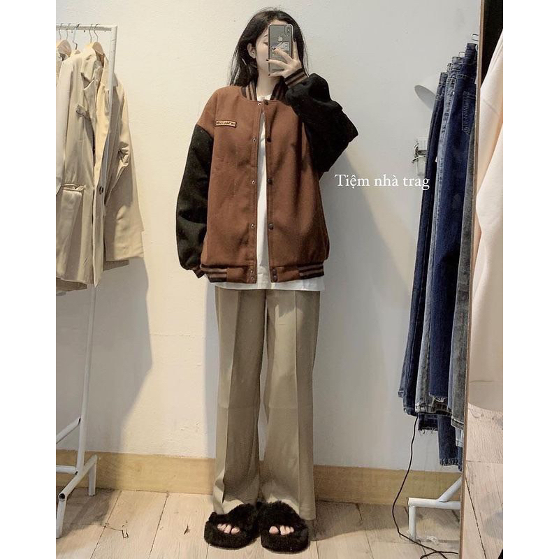 Sale Sốc Áo khoác bomber dạ phối màu tone nâu hàng QCCC dày đẹp