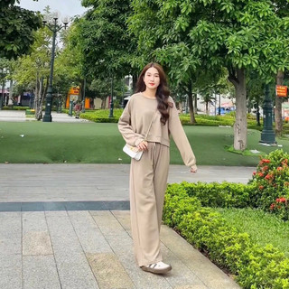 Set nỉ tăm áo dài tay kèm quần ống suông Ulzzang