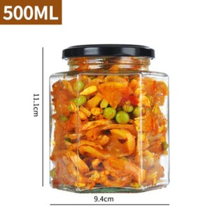 Sét 10/ hũ .thủy tinh lục giác 500ml.nắp thiếc màu đen )