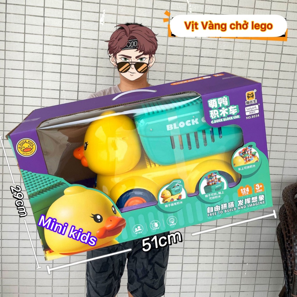 Đồ Chơi xe ô tô Khủng Long chở lego 124 chi tiết, xe Vịt Vàng, xe Lu, Xe Xúc nhiều mẫu mã, có hộp cất gọn và tháo rời