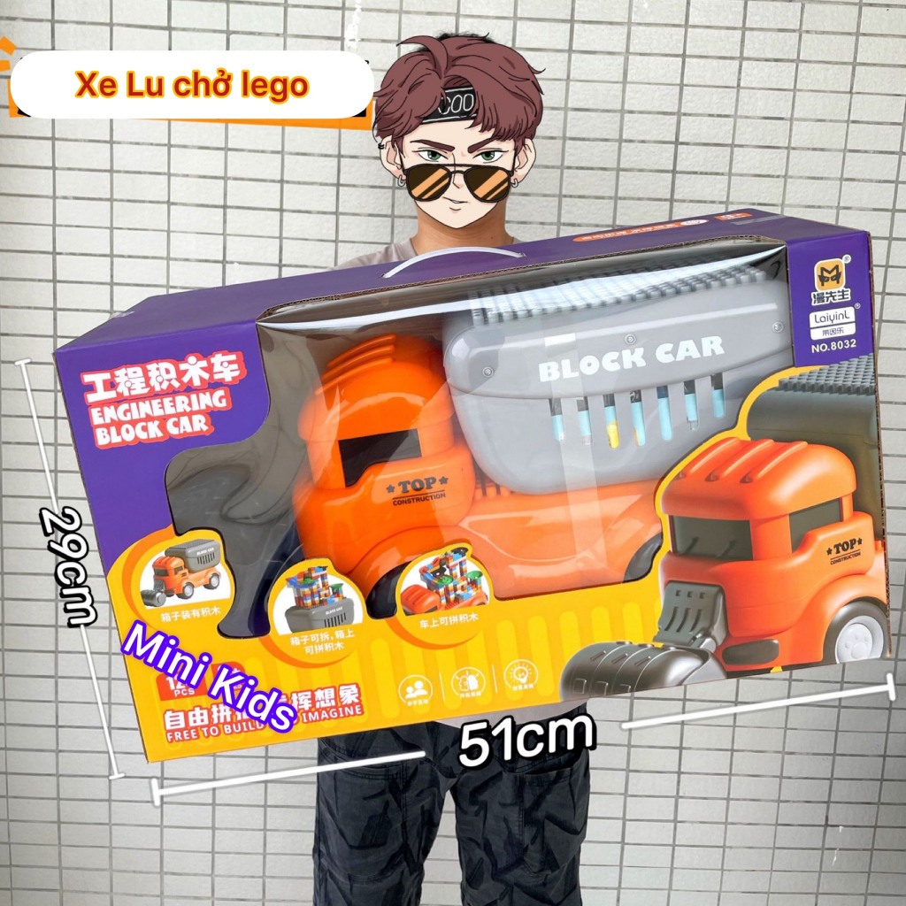 Đồ Chơi xe ô tô Khủng Long chở lego 124 chi tiết, xe Vịt Vàng, xe Lu, Xe Xúc nhiều mẫu mã, có hộp cất gọn và tháo rời