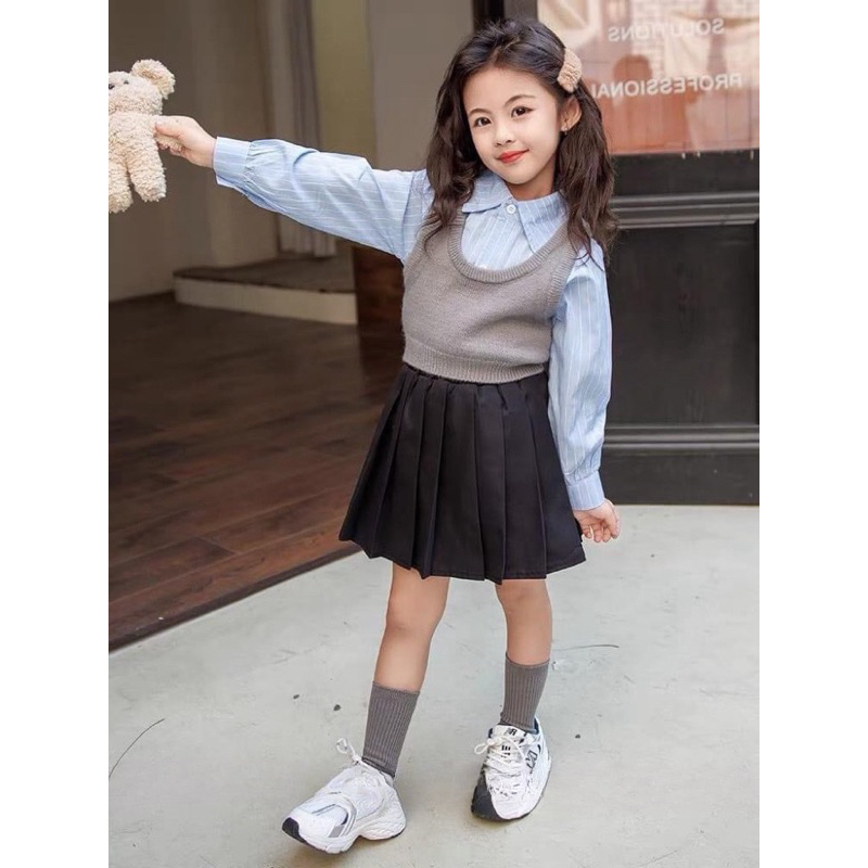 Đồng phục học sinh, set váy 3ct: áo sơ mi kẻ, chân váy xếp ly, áo gile tăm nhung croptop cho bé 12-30kg