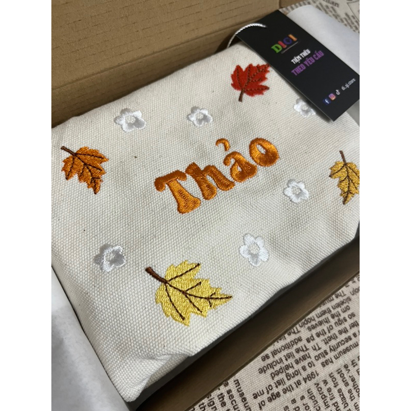 Túi Tote Thêu Tên Theo Yêu Cầu Kèm Họa Tiết Lá Mùa Thu