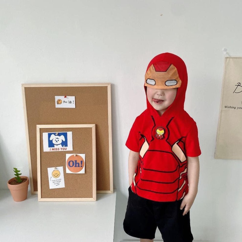 Set 2 áo siêu nhân cộc tay có mũ cho bé trai
