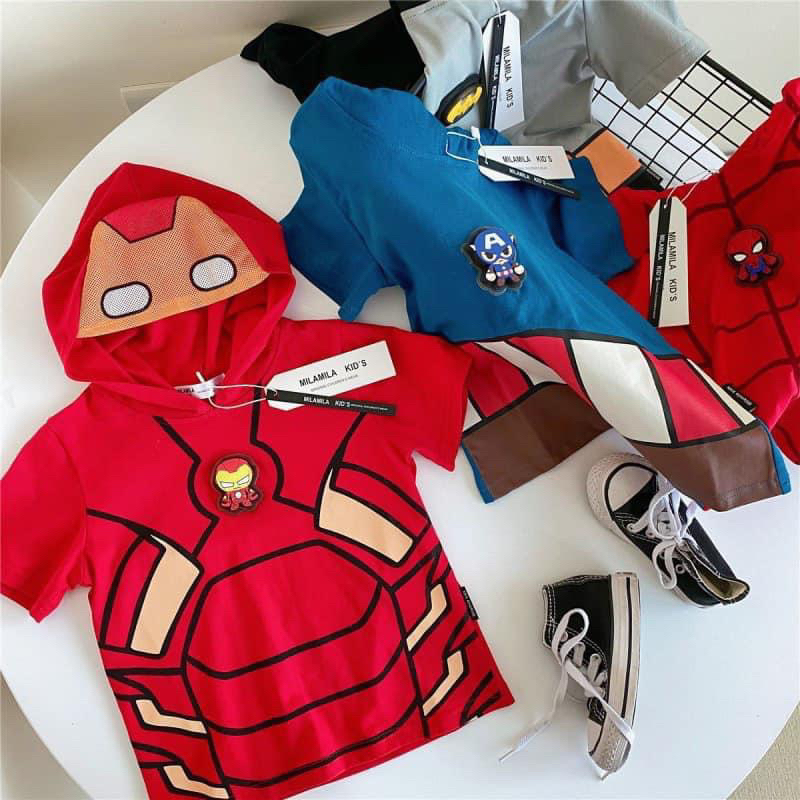 Set 2 áo siêu nhân cộc tay có mũ cho bé trai