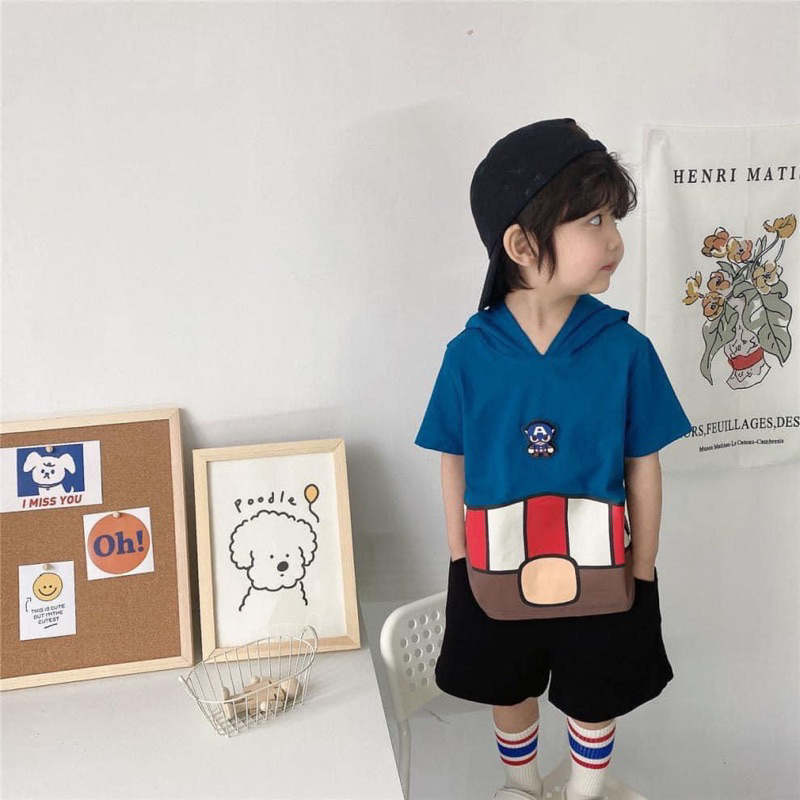 Set 2 áo siêu nhân cộc tay có mũ cho bé trai