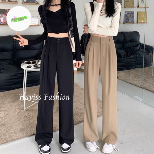 Quần suông ống rộng Haviss 2 khuy lưng cạp cao quần baggy nữ dài kiểu suông loe culottes nhiều màu