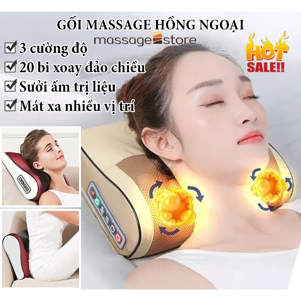 Gối massage cổ vai gáy cao cấp - Gối massage hồng ngoại 20 bi đảo chiều, Gối mát xa cổ giúp giảm nhức mỏi cơ