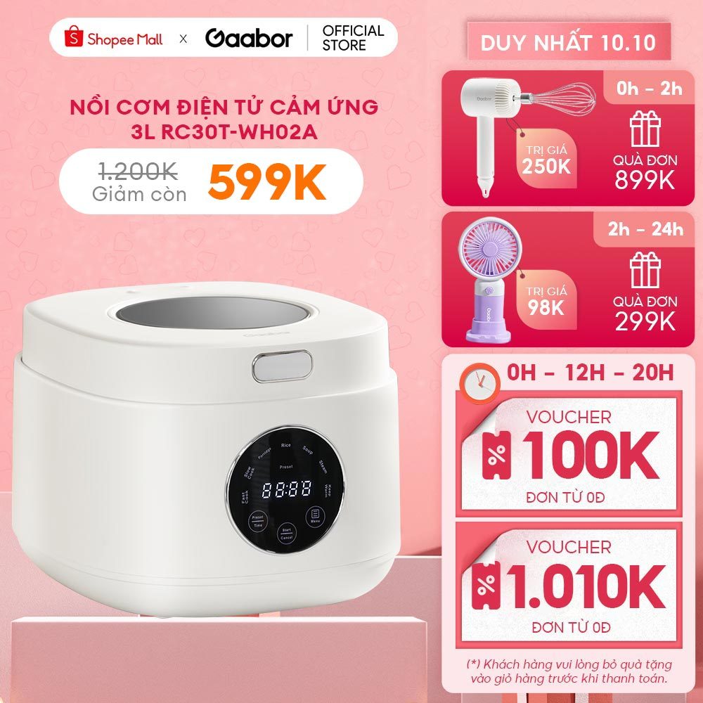Nồi cơm điện tử cảm ứng thông minh Gaabor RC30T-WH02A 3L, 7 chế độ nấu, thiết kế nắp trong suốt - Hàng chính hãng