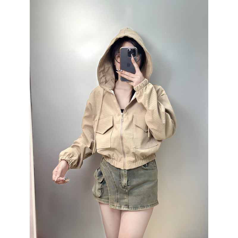 Áo khoác caro 2da mới form lửng có nón_Bee