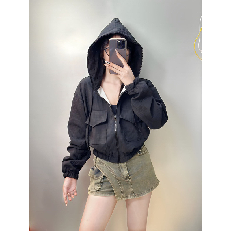 Áo khoác caro 2da mới form lửng có nón_Bee